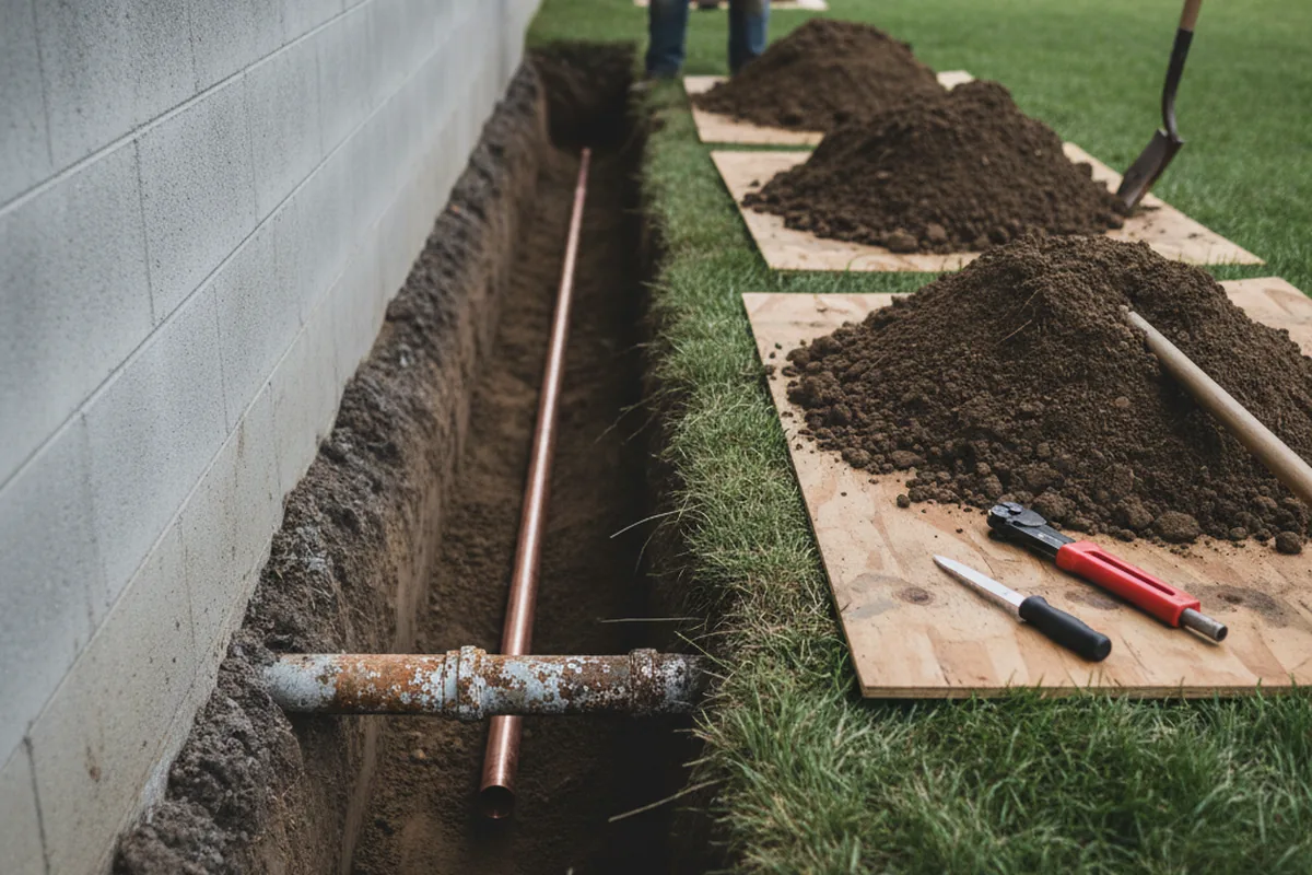 Excavated water line trench during Water Heater Repair in Wilson